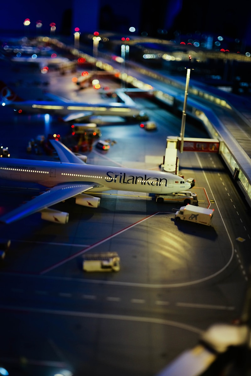 A model of an airplane on a runway